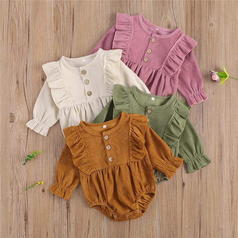 0-18M Newborn Baby Girls Boys Button Ruffles Long Sleeve Button Solid Jumpsuits Clothing