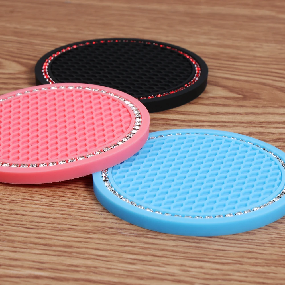 Bling Glitter Acrylic Diamond Car Coaster PVC Travel Auto Cup Mats Insert Coaster Anti Slip Crystal Car Interior Accessories