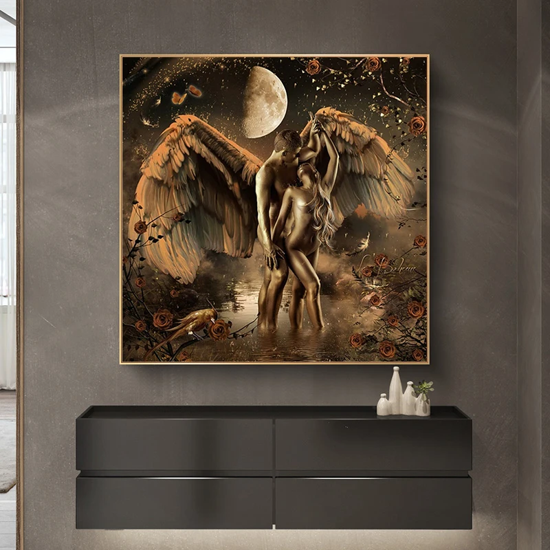 

African Art Woman Man Black Gold Naked Oil Painting on Canvas Posters and Prints Scandinavian Living Room Wall Painting