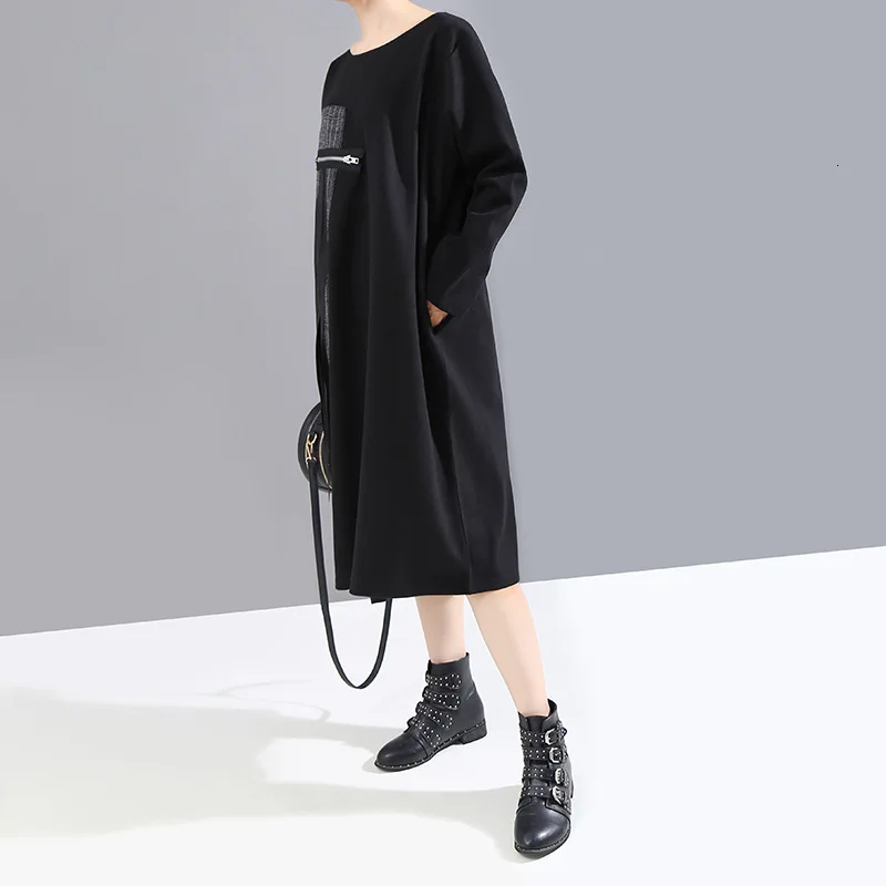 [EAM] женское черное платье в полоску с разрезом большого размера, новинка, круглый вырез, длинный рукав, свободный крой, модный стиль, весна-осень, 1M819