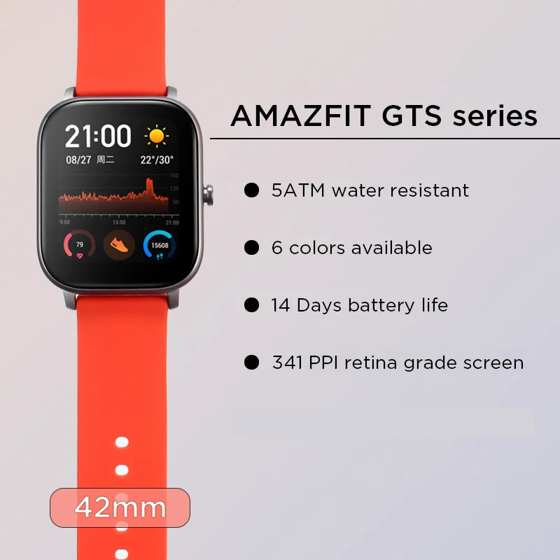 Предпродажа, нет, глобальная версия Amazfit GTS, умные часы, 5 АТМ, водонепроницаемые, для плавания, 14 дней, батарея, управление музыкой, для Android IOS