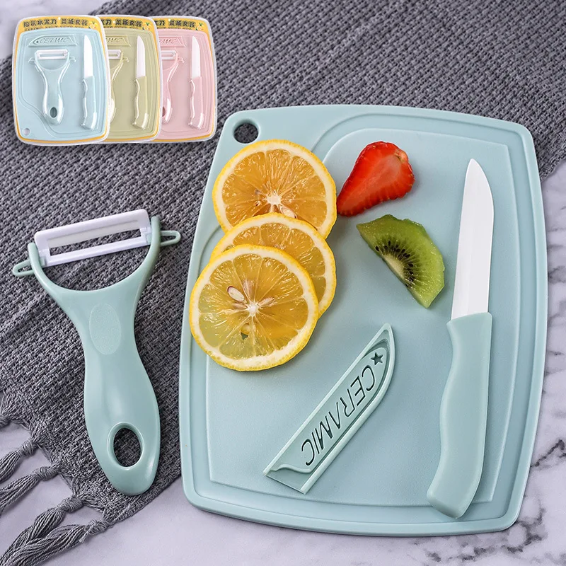

3 Pcs Ceramic Knife Set Fruit Peeling Planer Knife Paring Knife Chopping Block Household Pink Green Blue Kitchen Lovely Gadget