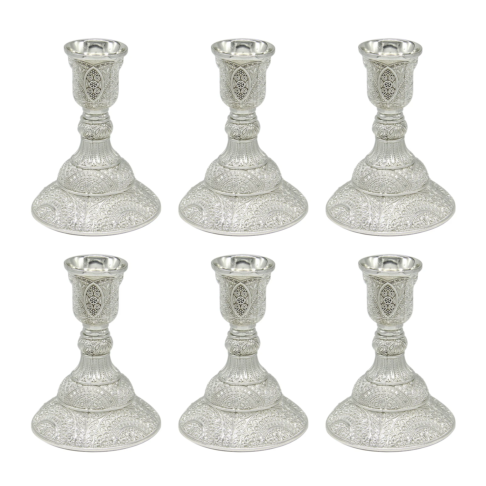 Set of 6pcs Gold Taper Candle Holders with Deluxe Engraved Design Shabbat Candlestick Holders