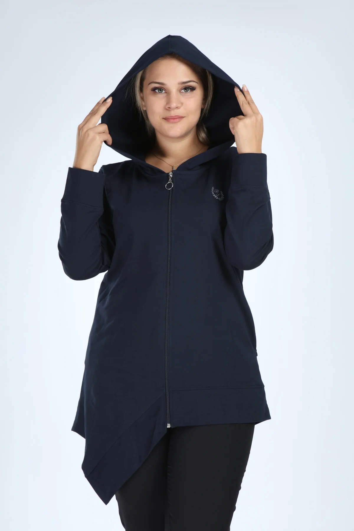 

Pianoluce Women Large Size Front Zipper Kapsonlu Pocket Zipper Coat Navy Blue P5106