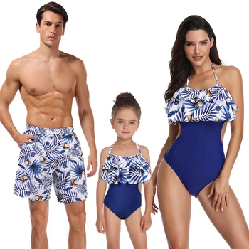 

2020 New Family Matching Swimwear Mother Daughter Swimsuit Women Baby Girl One Piece Bathing Suit Father Son Swimwear Shorts