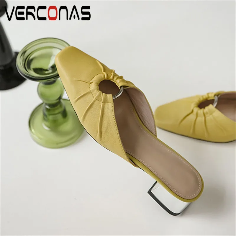 

VERCONAS 2020 Fashion High Quality Woman Pumps Genuine Leather Woman Sandals Metal Decoration Square Toe Square Heel Shoes Woman