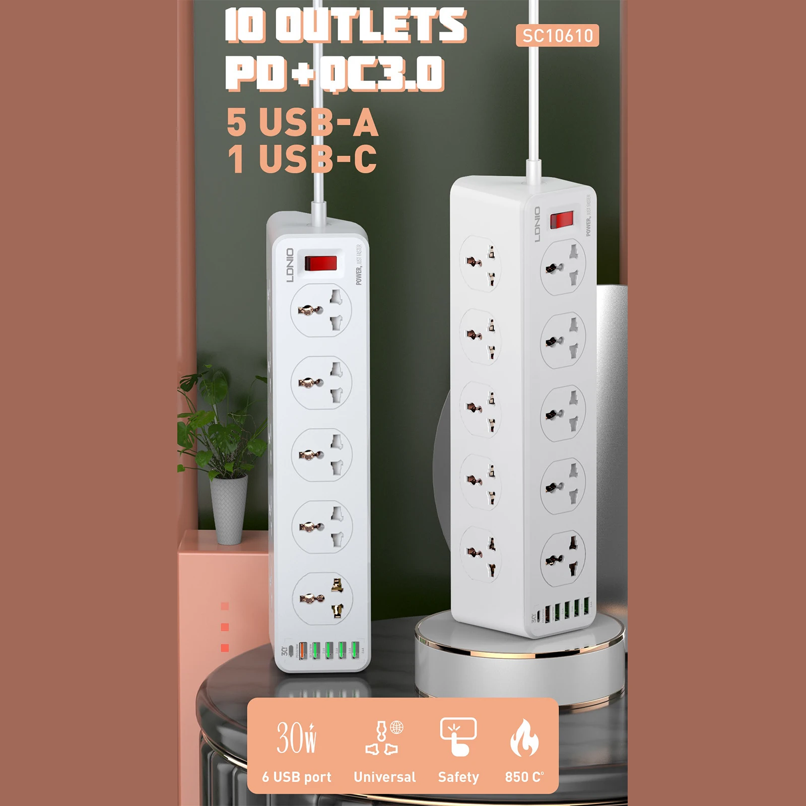 Ldnio SC10610 QC 3.0 PD Fast Charging Socket 2500W with 10 Sockets + 4 Usb Ports + 1 Type-C Pd Port + 1 Qc3.0 Port Desktop Extension Home Charger with 2M Cord 30 H0e97ad34e500437da9be70527c11b4d2h