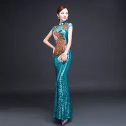 Павлин Вышивка блёстки китайский стиль Длинные Cheongsam сексуальные тонкие вечерние платья сценическая танцевальная одежда Qipao Vestidos