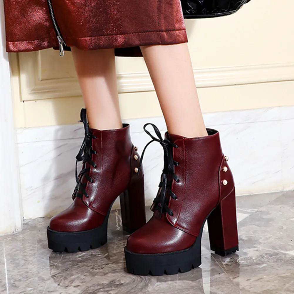 

SARAIRIS Brand 2019 Plus Size 44 High Heel Winter Shoes Woman Motorcycles Boot Female Platform Shoelaces Ankle Boots Women Shoes