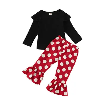 

2019 Newborn Baby Girls Kids Cotton Clothes Ruffle black tee Top Floral red polka dot print Pants Outfits Set 6-24M