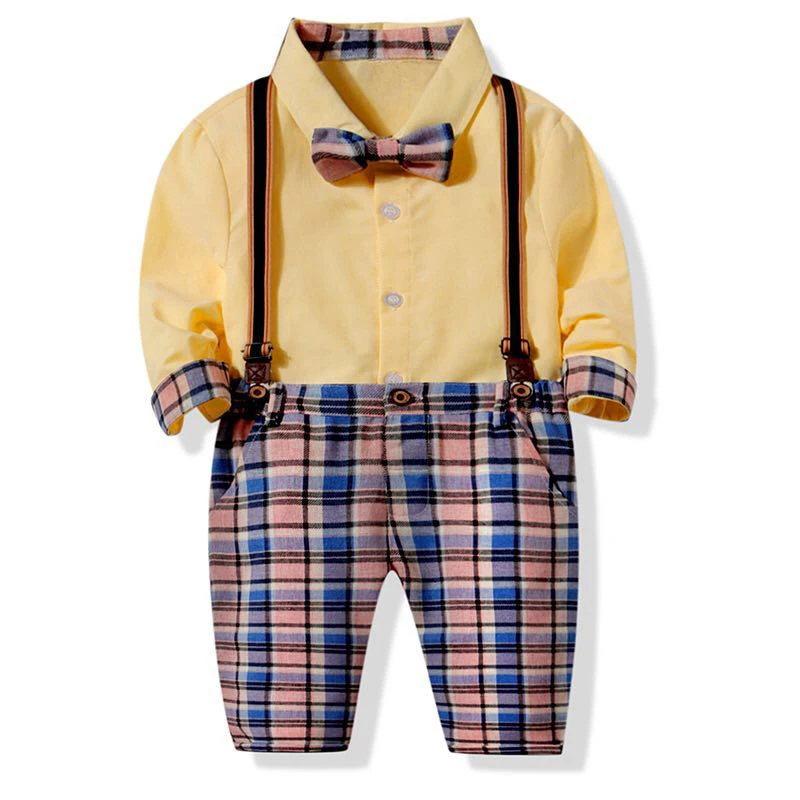 

Birthday Party Decorations Kids Boy Clothes Set Yellow Shirt + Plaid Pants + Strap Children British Style 1-3 Y Baby Clothing