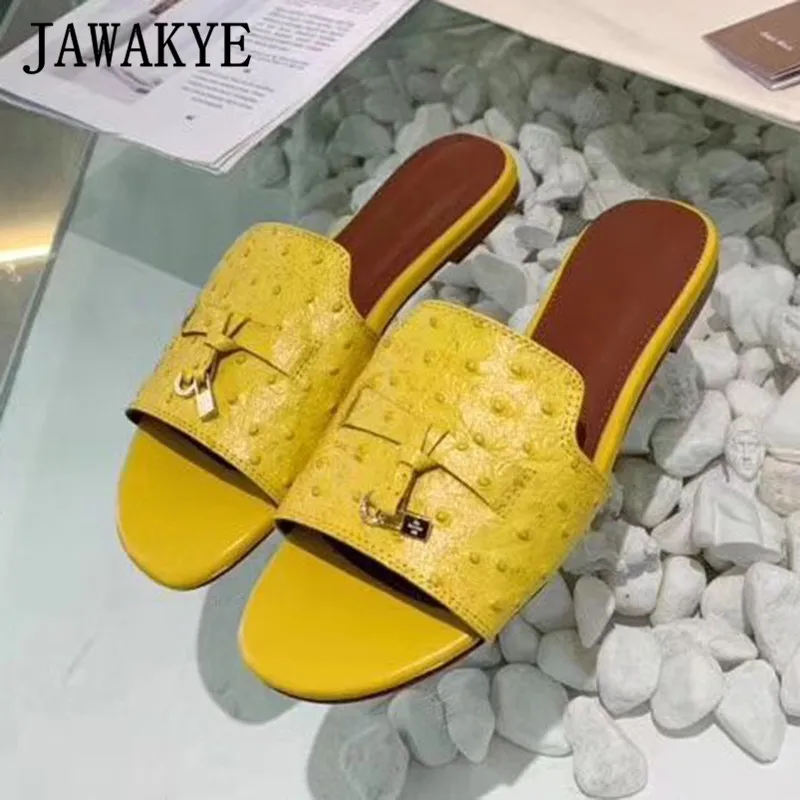 

New flip flops Flat Slippers Women Metal Decor Ostrich leather Flat Shoes Woman Summer Peep toe Mules Runway Casual Beach Shoes