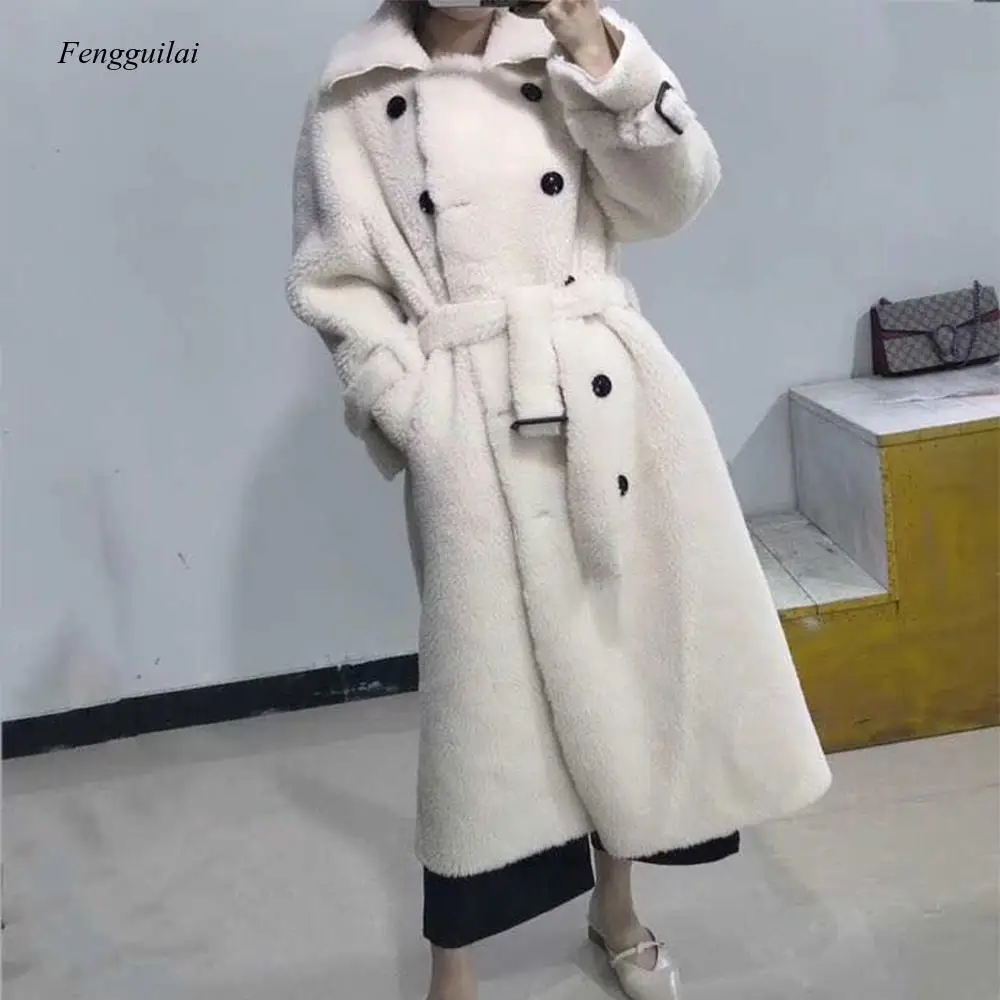 Fur Coat Women Winter Coat with Belt Lapel Collar 2021 New Leather Coat Woolen Jacket Outwear