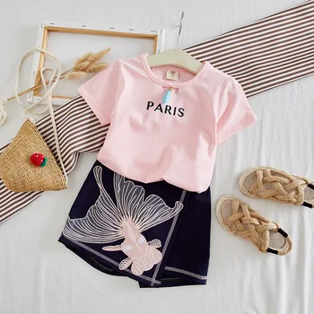 

2-7T Little Kids Summer Set Short Sleeve T-Shirt + Embroidered Big Goldfish Short Pants Skirt Sets Girl Clothes Outfits Costume