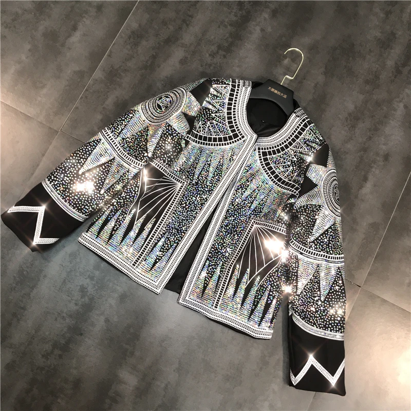 Mulher jaqueta brilhante 2022 prata lantejoulas geométrico