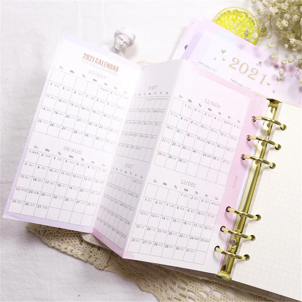 2021 Planner Calendar Agenda Organizer A5/A6 6 Ring Binder Inner Pages Loose Leaf Folding Paper Dividers Refills | Канцтовары для