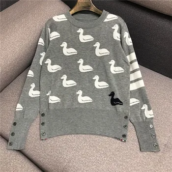 

Luxury Brand Designer Knitted Pullovers for Women Vintage O Neck Jacquard Contrast Color Striped Duck Pattern Knitted Sweater