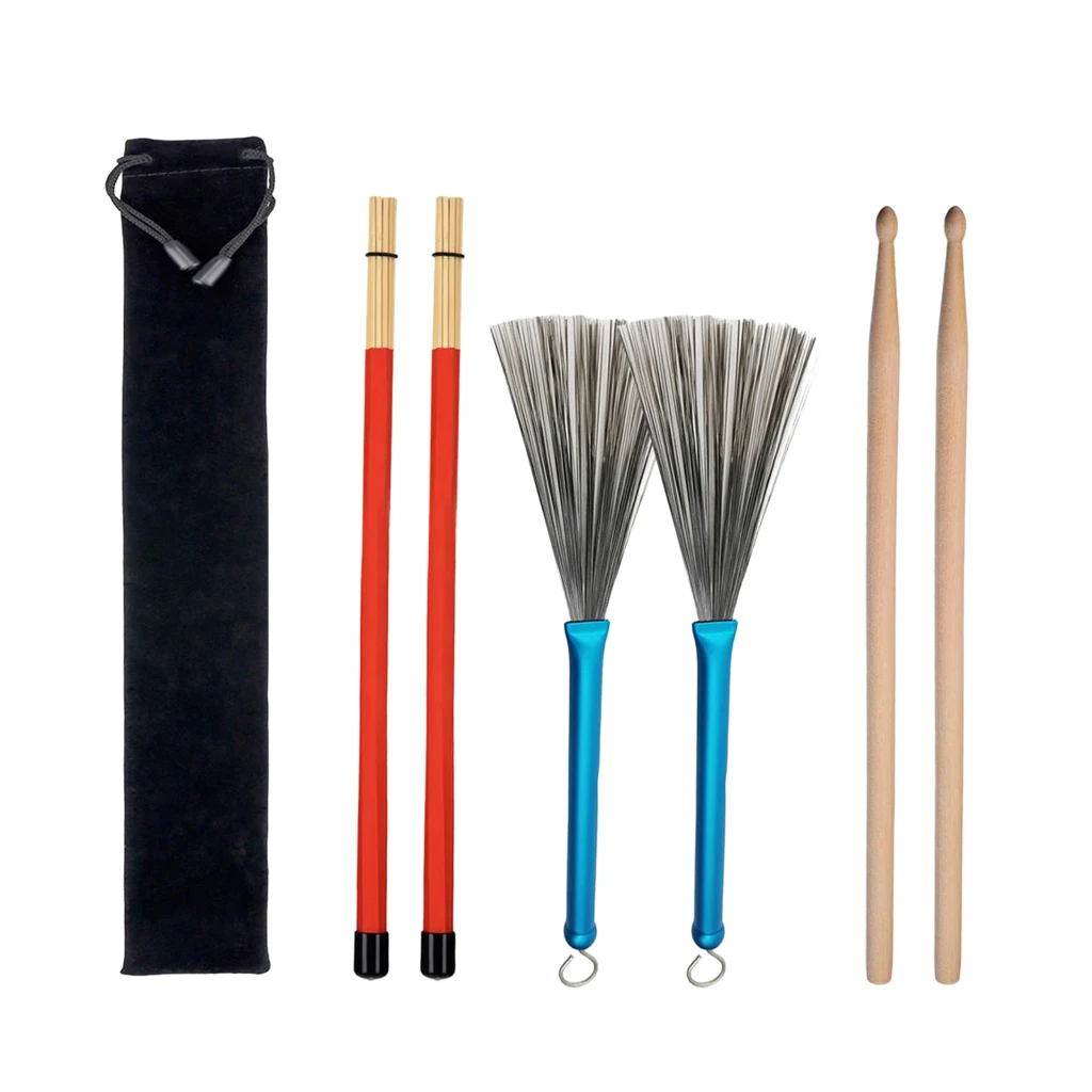 Drum Wooden Drumsticks + Wire Brushes + Rod Brush Sticks W/ Flannelette Bag