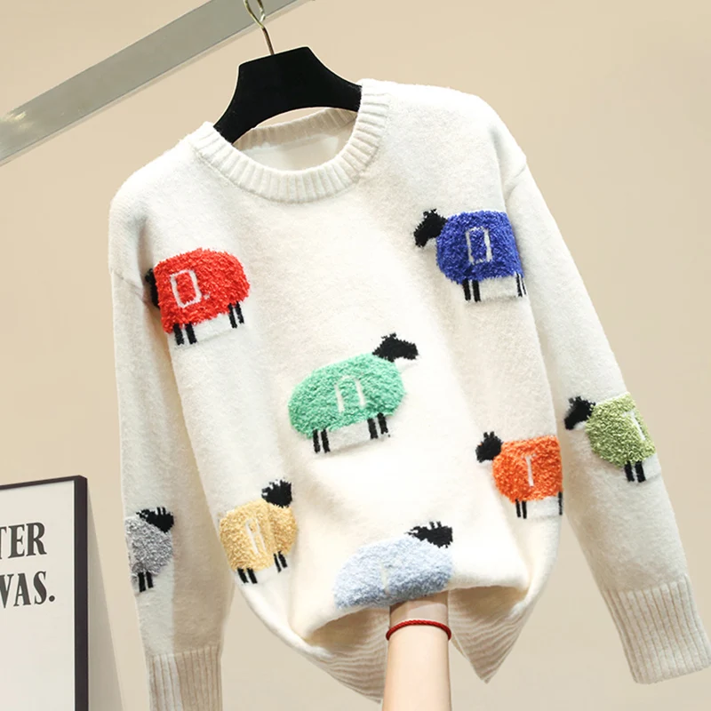 

2019 Autumn Winter Sweater Girls Knitting Jumper Sheep Jacquard Knitted Jackets Womens Loose White Sweaters Students Sweater Top