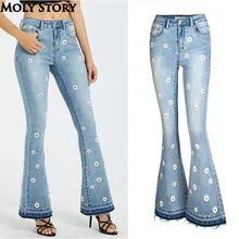 Симпатичные Dasiy вышивка расклешенные джинсы бахрома Высокая талия джинсы Femme Плюс Размер Широкие женские джинсовые брюки