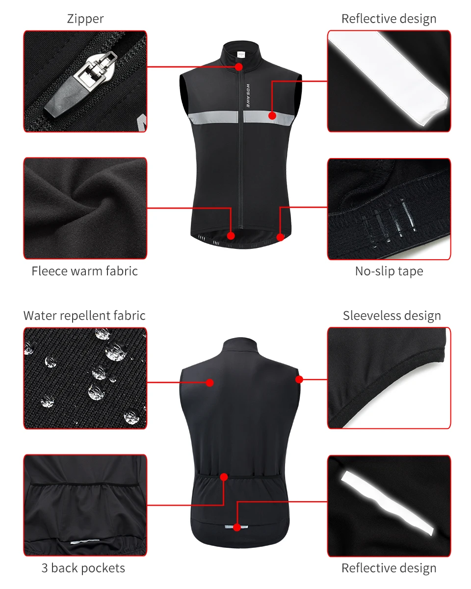 WOSAWE Winter Cycling Vest Fleece Warm Up Windproof Gilet Road MTB Bike Riding Skiing Vest Reflective Biyclcle Cycling Jacket