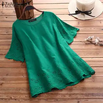 

Women's Embroidery Blouse 2020 ZANZEA Fashion Tunic Casual Hollow Chemise Female Short Sleeve Shirts Blusas Plus Size Solid Tops
