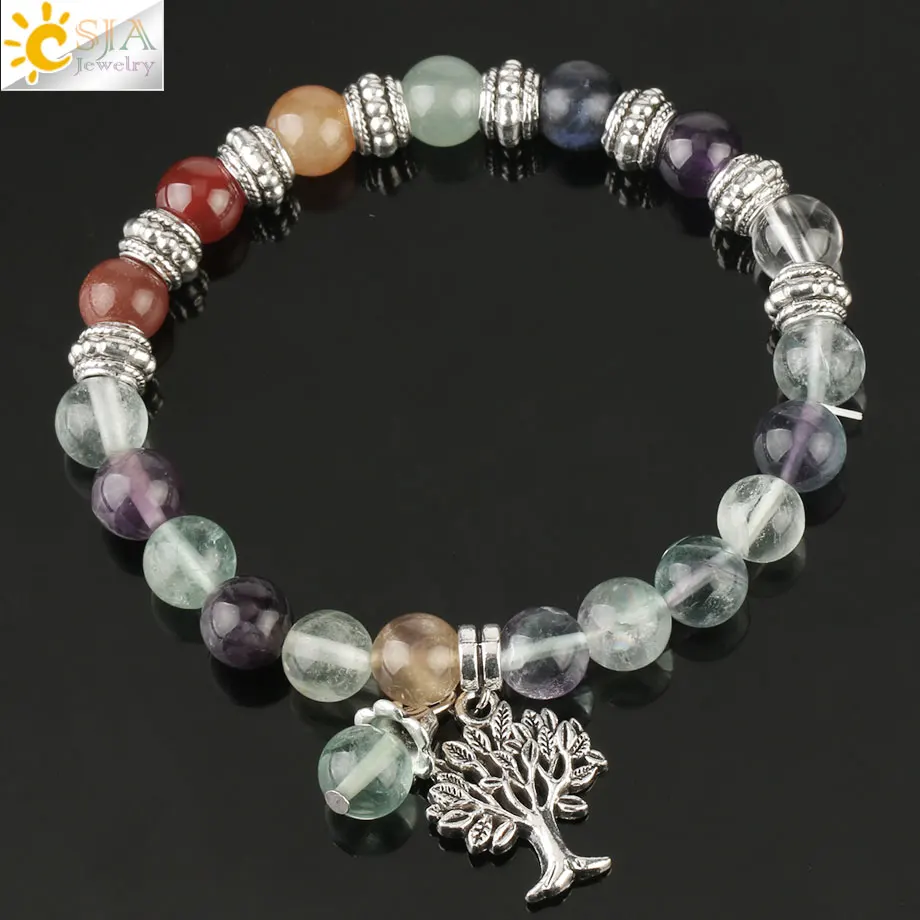 Fluorite Csja рейки натуральный камень 7 Чакра Дерево жизни браслет смешанные цвета бисера Баланс йога браслет для женщин мужчин целебные ювелирные изделия G166 - Окраска металла: Fluorite