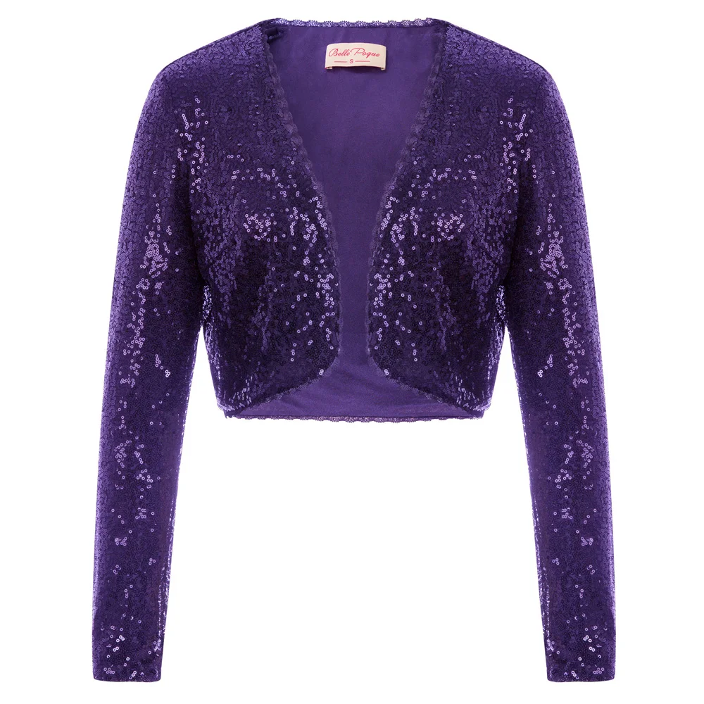 Acheter BP vêtements pour femmes brillant paillettes hauts à manches longues décolleté ondulé longueur recadrée ouvert devant boléro haussement d épaules pour la fête de mariage