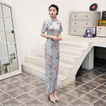 

Elegant Vintage Print Qipao Satin Evening Party Dress Women Chinese Traditional Long Cheongsam Plus Size 3XL 4XL