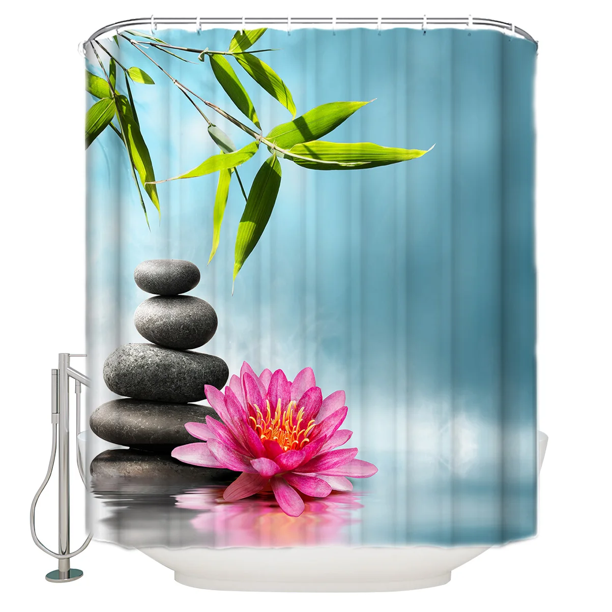 Bamboo Leaves Water Stone and Lotus Flowers Reflect a Peaceful Picture Shower Curtains Meditation Design Bathroom Shower Curtain