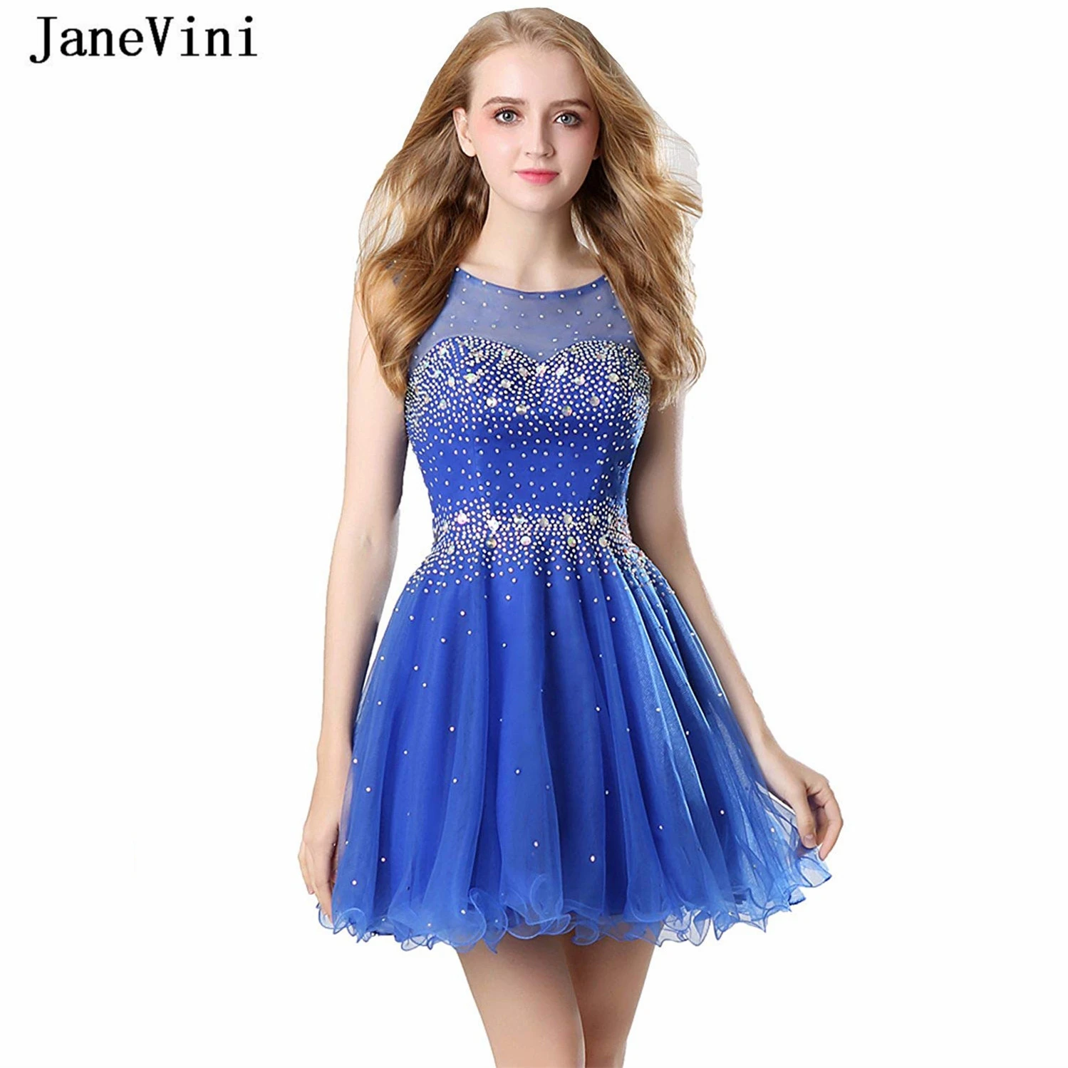 

JaneVini Elegant Royal Blue Mini Homecoming Dresses for Girls A Line 2019 O Neck Beaded Backless Tulle Junior Short Formal Dress