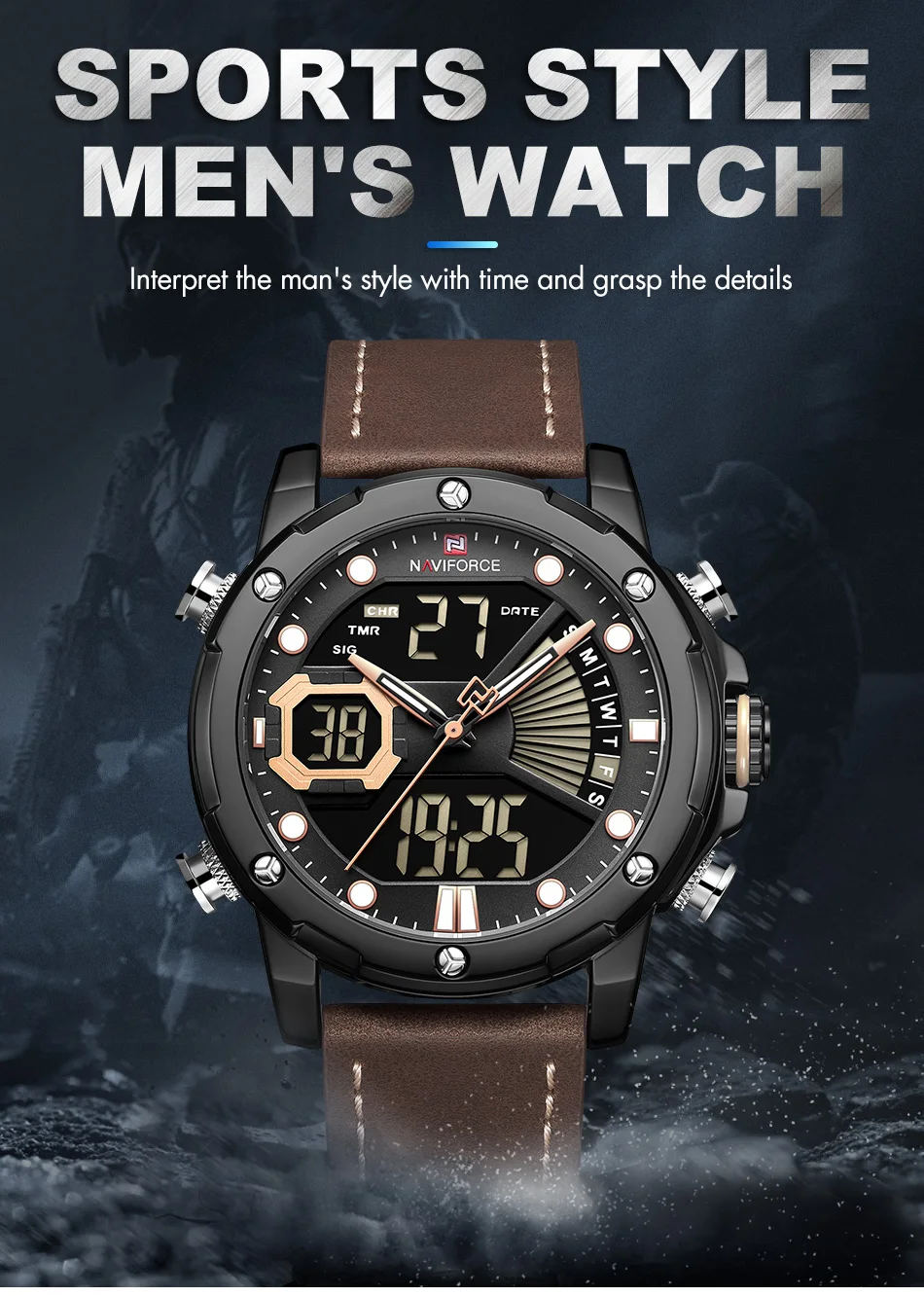 Мужские часы Топ люксовый бренд NAVIFORCE модные кварцевые часы с двойным дисплеем Мужские Аналоговые цифровые водонепроницаемые часы Relogio Masculino