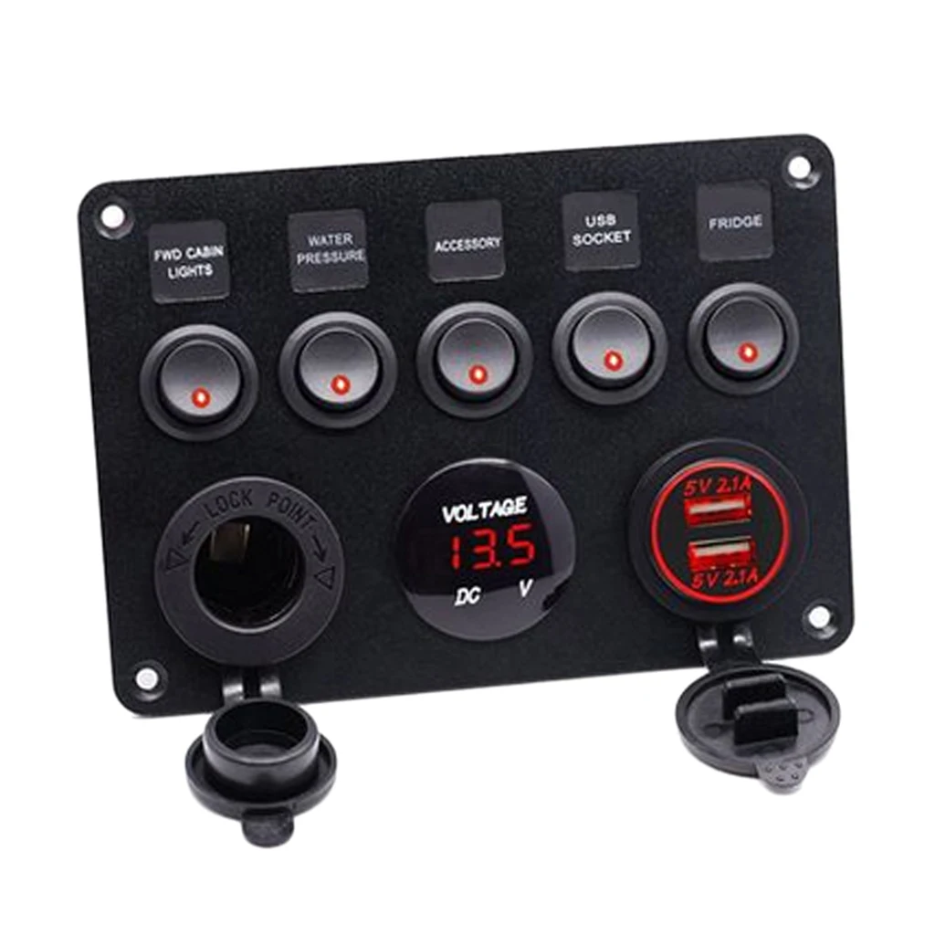 12V Dual Usb Car Charger 12V Voltmeter 5 Gang Auto Boat Rocker Switch Panel