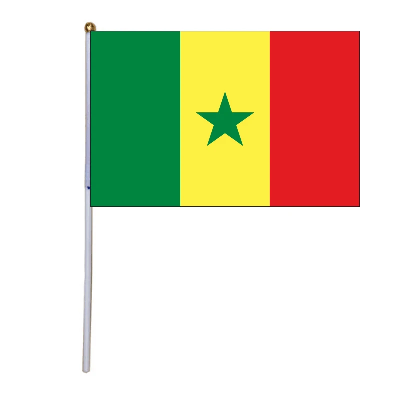 

free shipping xvggdg 100pcs 14 * 21cm National Flag Senegal hand flags with plastic flagpole Polyester Printing flag