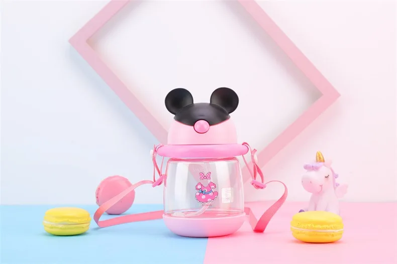 Дисней чашки Микки мини бутылка для воды дети студент милый мультфильм соломенного типа пластик с веревкой Микки уха Твердые холодный красный розовый синий