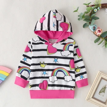 

2020 New Spring Baby Girls Clothes Cotton Hooded Sweatshirt Lovely Kids Striped Rainbow Star Printed Sportswear Infant Clothing