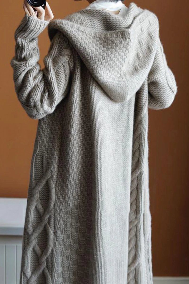Осень и зима женский с капюшоном толстый вязаный кардиган, вязаный жакет на пуговицах свитер пальто