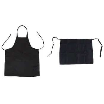 

Unisex 2 Pocket Black Kitchen Apron Bib, One Size in Medium & Black Half Apron Ladies Mens Chefs Waiter with 2 Pockets