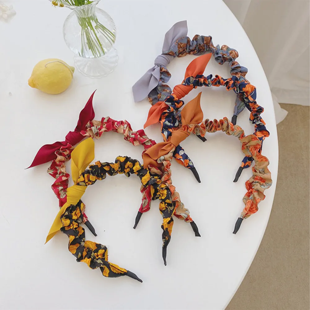 

Fashion hair accessories women's floral folds rabbit ears headbands retro wild thin border bow headband girl wash face hair band