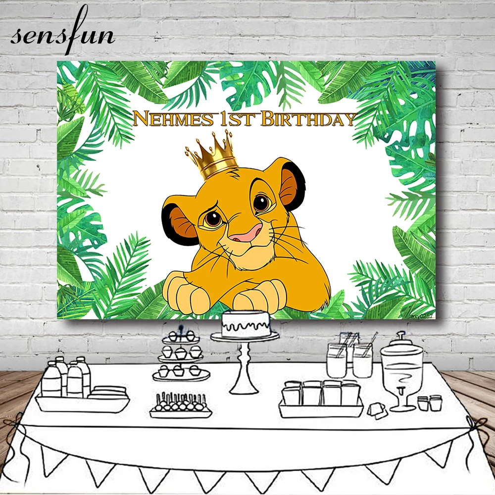 

Sensfun Green Leaves Cartoon Lion King Backdrop Boys Happy 1st Birthday Party Backgrounds For Photo Studio Customized 7x5FT