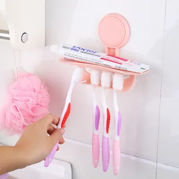 

4 Color Plastic Bathroom Strong Suction Cup Toothpaste Toothbrush Holder Wall Mounted Toothbrush Hanging Storage Shelf 4 Seat