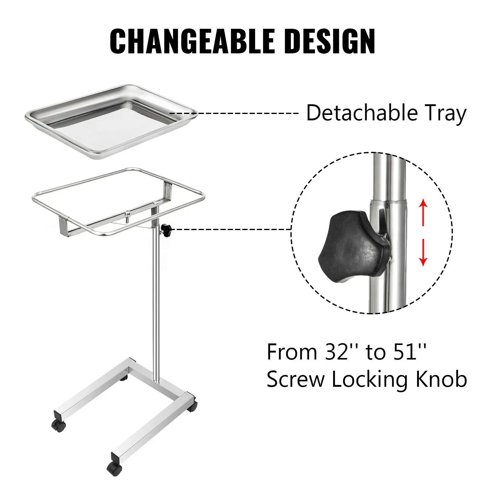 Vevor 32-51 Inch Mayo Stand Mayo Lade Met Verstelbare Hoogte Omnidirectionele Wielen Voor Thuis Apparatuur Persoonlijke Verzorging Laboratorium