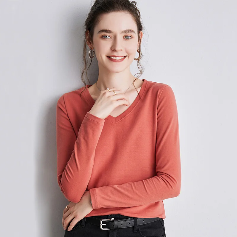 

Plus size tops women t shirt 2020 v-neck long sleeve cotton tshirt woman tshirts white black pink tee shirt femme mujer camiseta