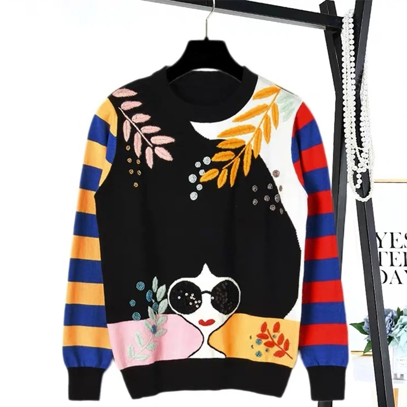 Tunjuefs Color Block Striped Sweater Women Jumper Sequin Beading Knitted Top Leaves Embroidery Runway Long Sleeve Pullovers