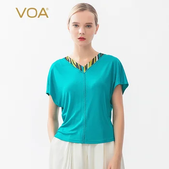 

VOA Silk V-Collar Printed Stuck Stitching Black Open Thread Decorative Shoulder Fall Bat Sleeve Skin-Friendly T-Shirt B9280