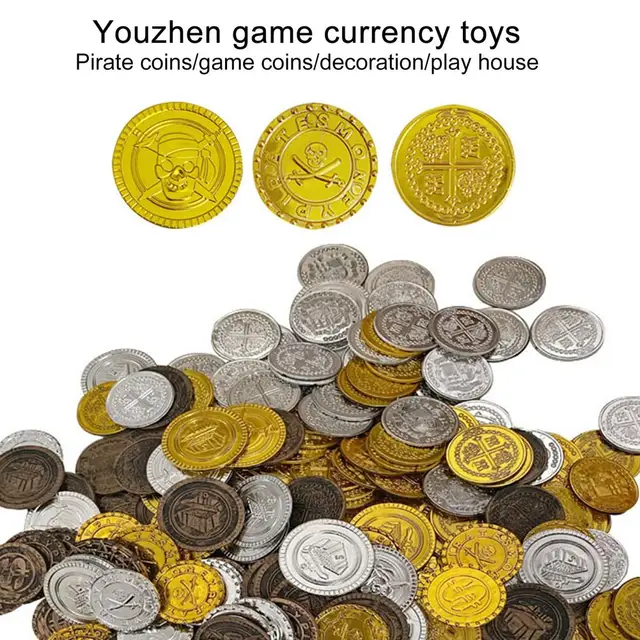 100pcs Pirates Gold Coins Plastic Currency Toy Game Props Chips Playset Party Favor Treasure Hunt Gold Coin Props For Kids 3cm 3
