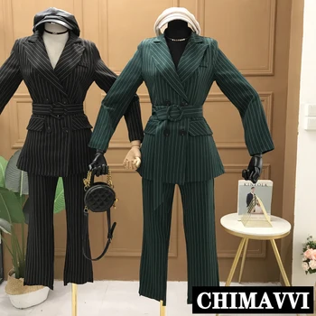 

2020 Spring New Business Suit Lady Retro Elegant Vertical Striped Blazer Coat + Suit Trousers Two-piece Set Women Slimming Suit