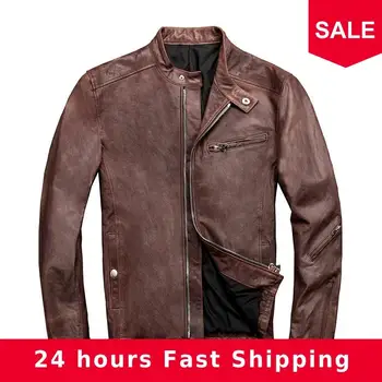 

2020 Vintage Brown Men Slim Fit Biker‘s Leather Jacket Genuine Sheepksin Russian Autumn Fashion Natural Leather Coat