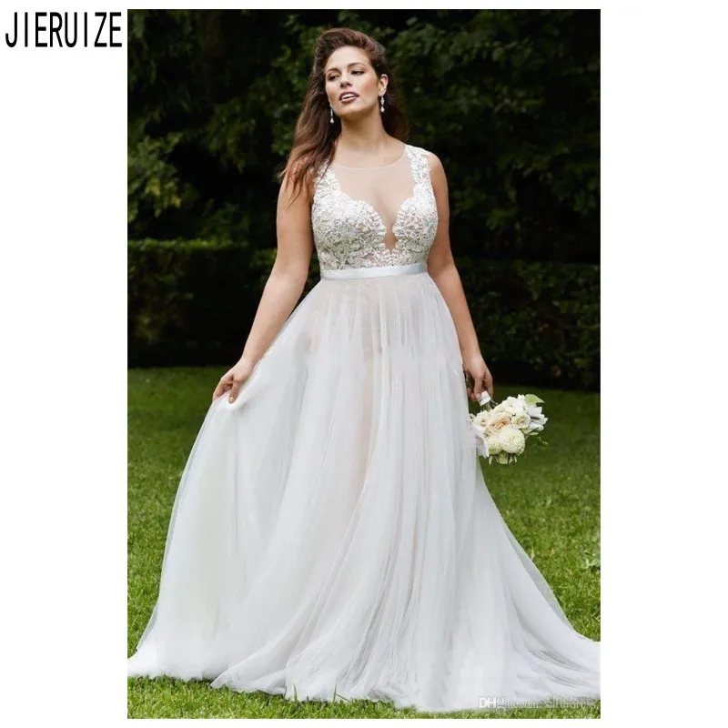 

JIERUIZE Modest Boho Tulle Wedding Dresses Sheer O Neck Lace Appliques Bridal Gowns Button Back Wedding Gowns vestido de noiva