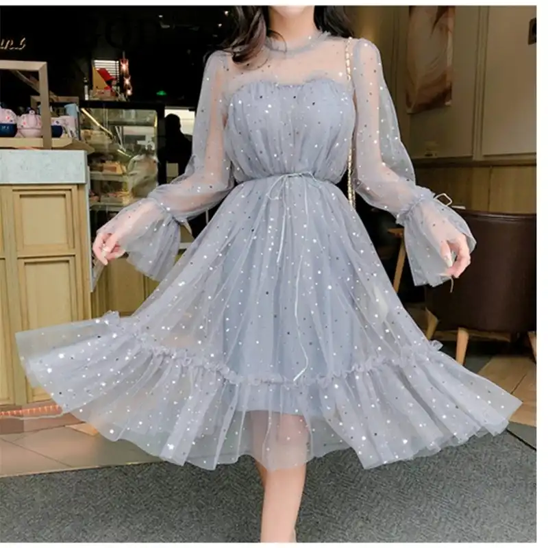 Spring Autumn New Female O-neck Stars Sequined Mesh Shiny Fairy Dress Women Elegant Bling Gauze Princess Puff Dresses